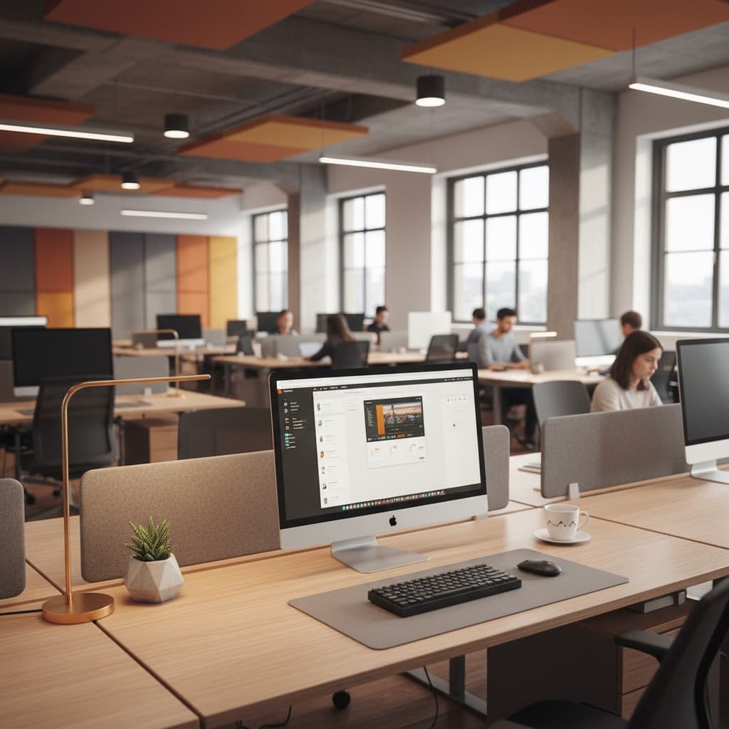 A row of dedicated desks beside floor-to-ceiling windows